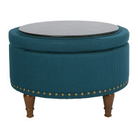 OSP Home Furnishings ALL-K14 Alloway Storage Ottoman in Azure Fabric with Antique Bronze Nailheads